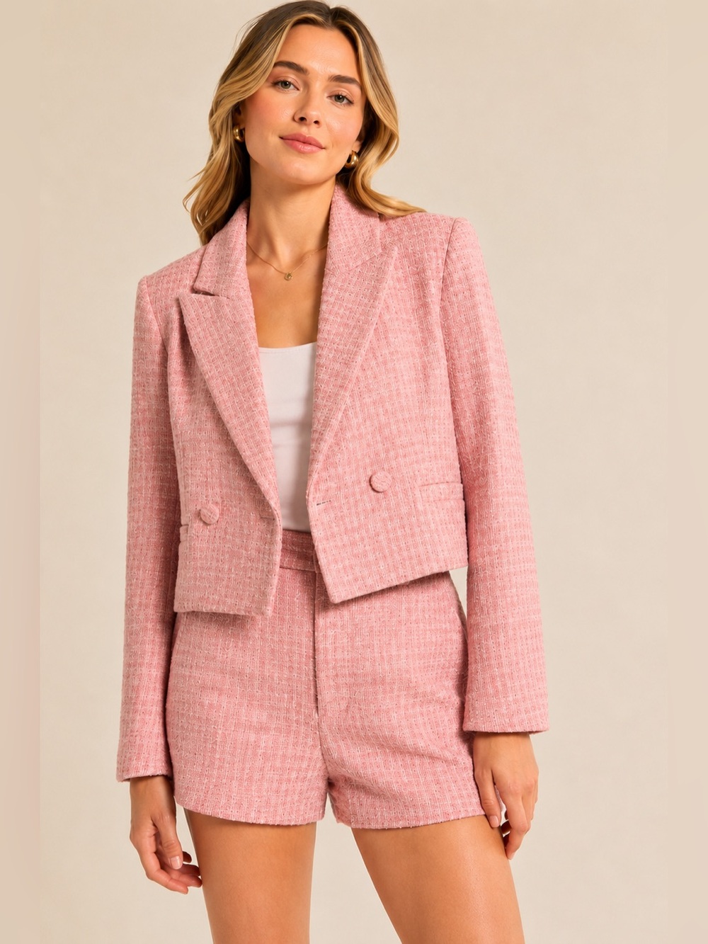 New Ryegrass SET Pink Zephyr Tweed Boucle Blazer High Rise Short Barbie Clueless